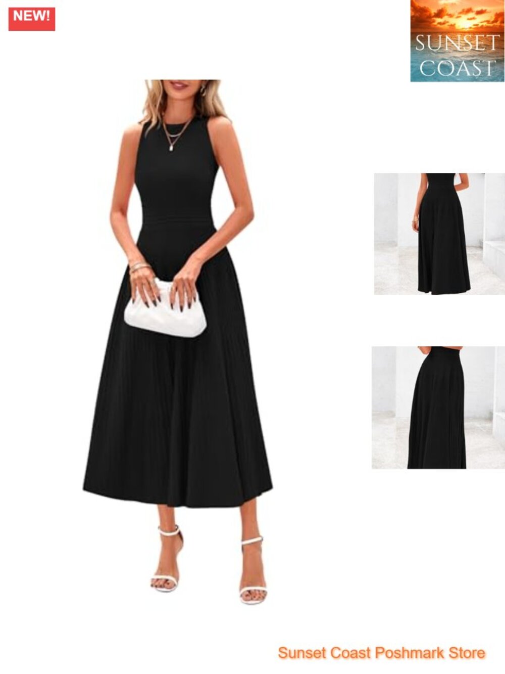 Pleated Midi A-Line Crew Neck Sleeveless Summer Work Dress 60% Polyester 40%